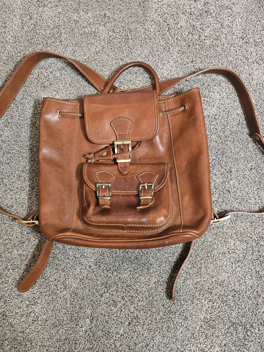 Vera Pelle Chestnut Brown Leather Backpack with Front Buckle Pocket